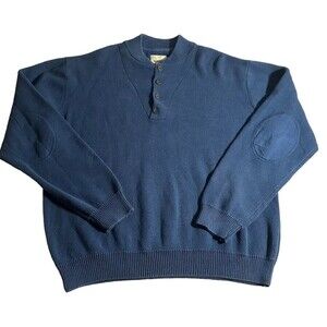 GANDER MTN Button CrewNeck Pullover Blue Knit Sweater Men's Size L Padded Elbows